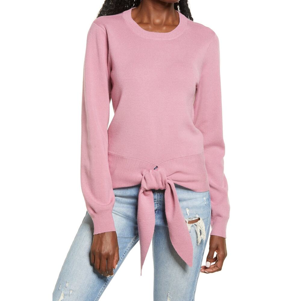 WAYF Milo Tie Hem Knit Sweater Mauve Pink Small Crew Neck NEW